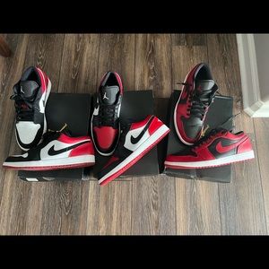 Jordan 1 low lot. Bred toe, black toe and reverse bred